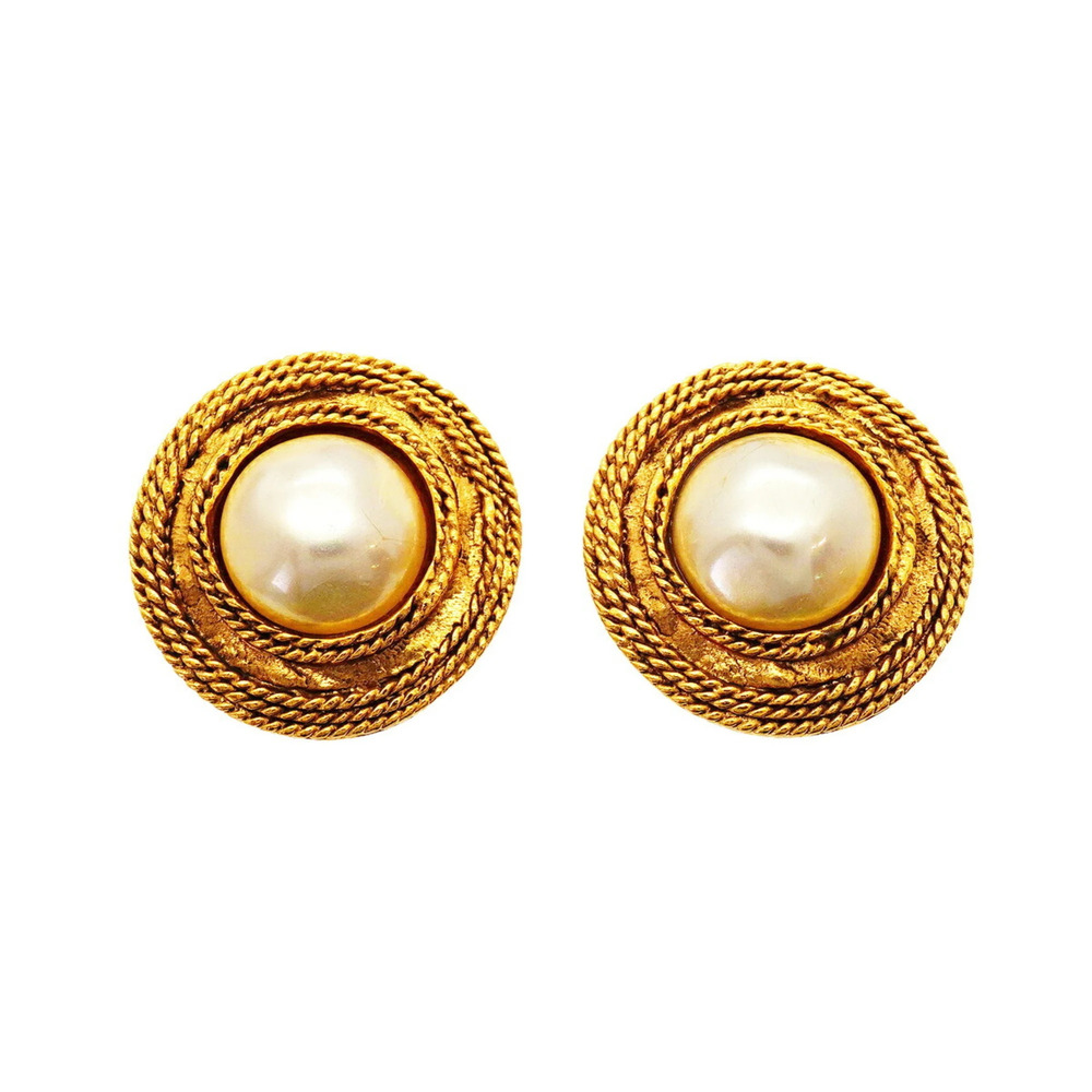 Chanel Circle Earrings, GP Plated, Faux Pearl, Gold, Women's